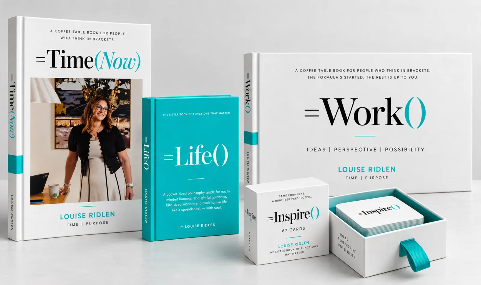 =Time(Now), =LIFE(), =Inspire() card pack and =Work() by Louise Ridlen
